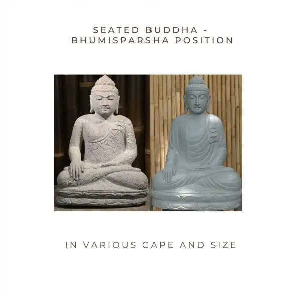 Product image 1 of the product “Seated Buddha made of Riverstone in Bhumisparsha - gesture of touching the earth, in the sizes from 50cm to 220cm. Regular cape and Flower pattern cape models, Natural finish ”